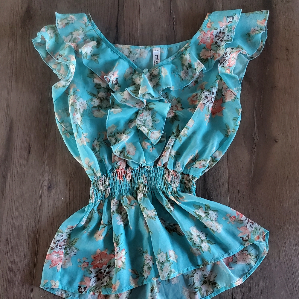 Floral Ruffle Top in Blue by Max Studio